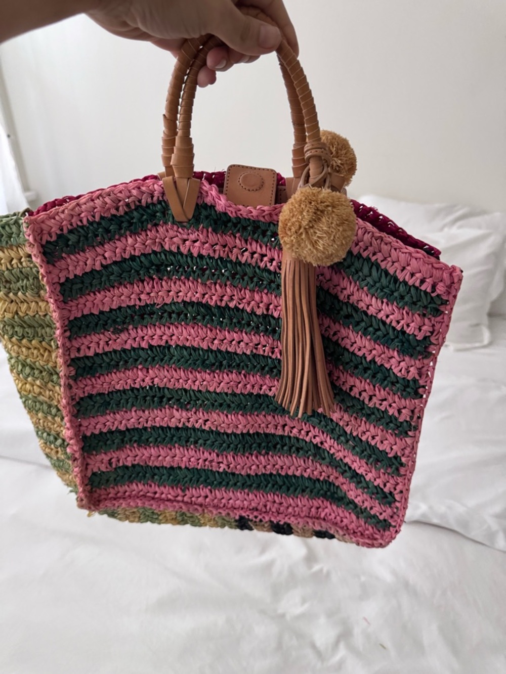 Loeffler Randall Pink & Green Striped Woven Tote with Tassel